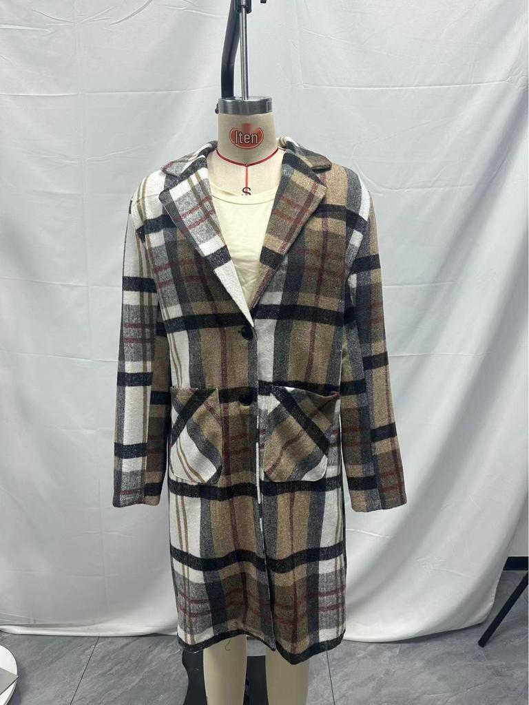 2025 Plaid Woolen Long Overcoat: Autumn/Winter Women's Lapel Outerwear, Single-Breasted Design.