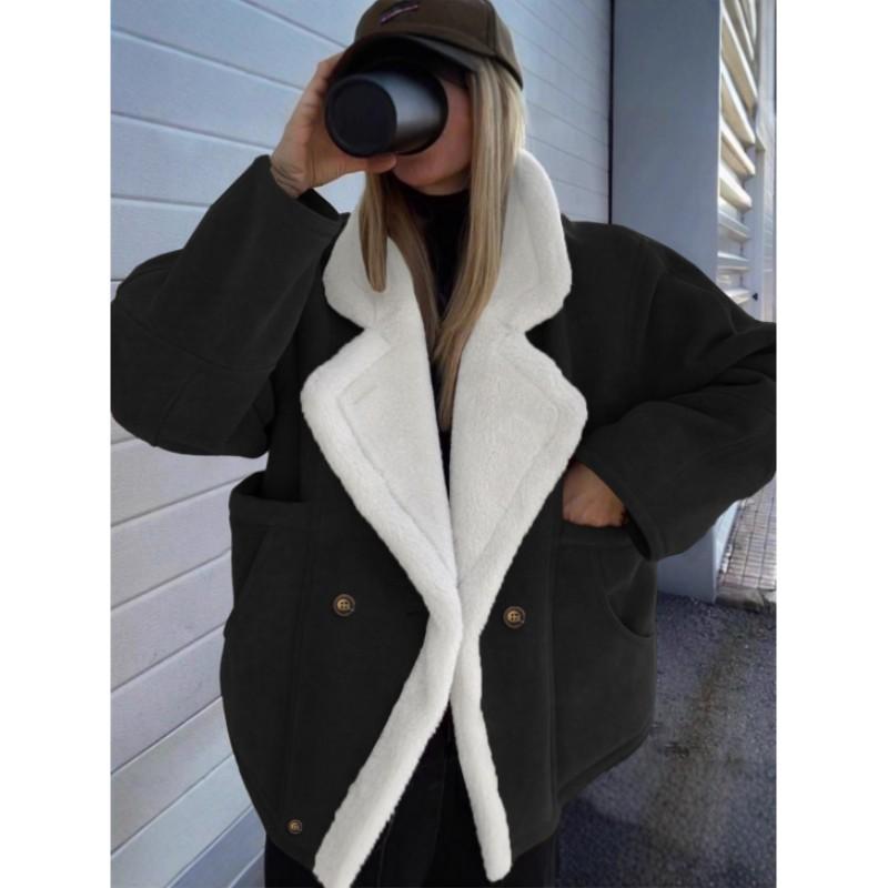 Women's Loose-Fit Warm Vintage Shearling Coat for Fall/Winter Thick Fluffy Splicing Big Lapel Coats Lady Street Jackets