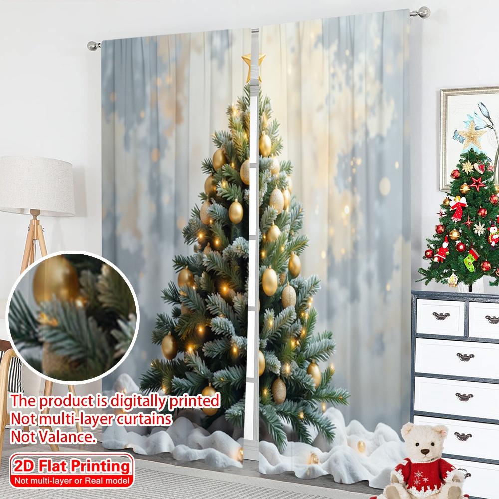 2pcs 2D Flat Printing Christmas Scene Curtain Golden Star Christmas Tree 100% Polyester Without Electricity Festive Curtains