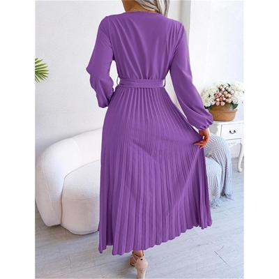 Nouvelle Robe Élégante Plissée à Bretelles et Col en V à Manches Longues Automne et Hiver