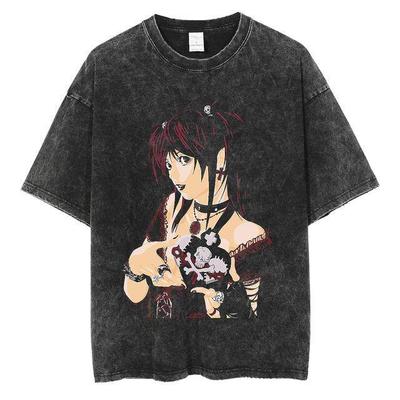 Death Note Misa Amane Nadruk Gotycki Vintage Spłowiony T-shirt Lato 2026 Oversize Streetwear Anime Graficzny T-shirt dla Mężczyzn Kobiet Topy