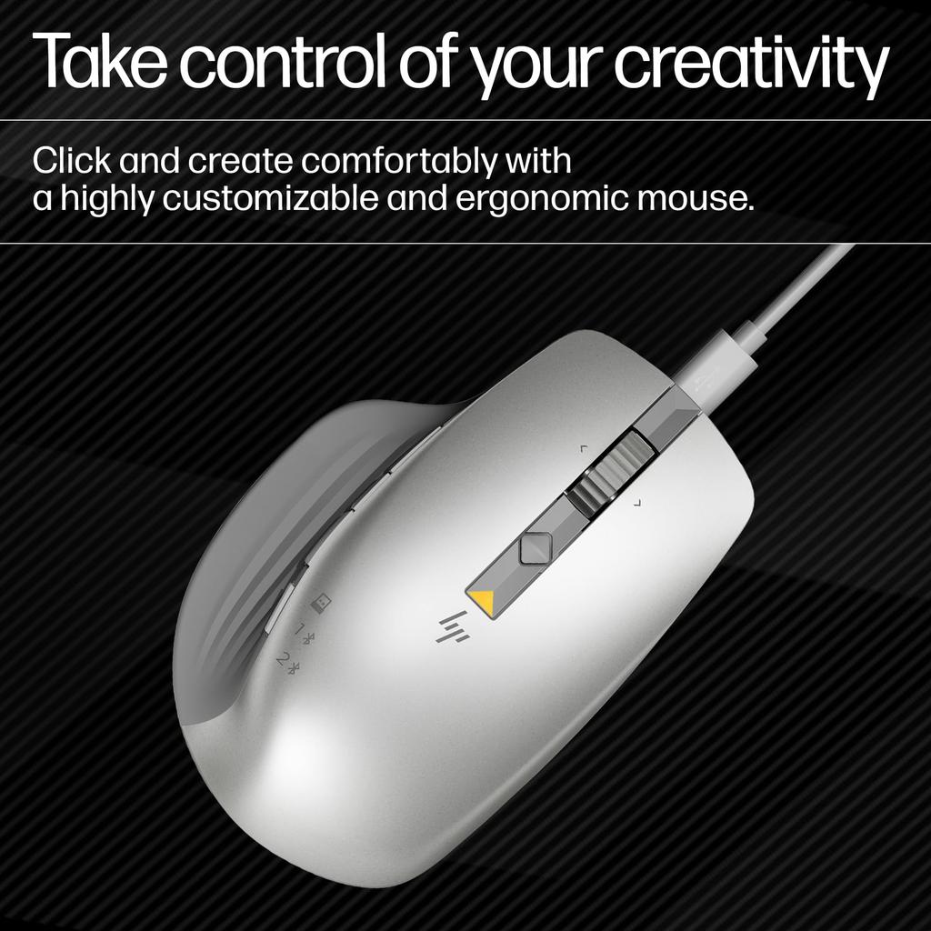 HP 930 Silver Bluetooth Mouse, Rechargeable, USB-C Charging, 3-Device Connection, 4-Way Scroll Wheel, 7 Programmable Buttons, Compatible with Mac,