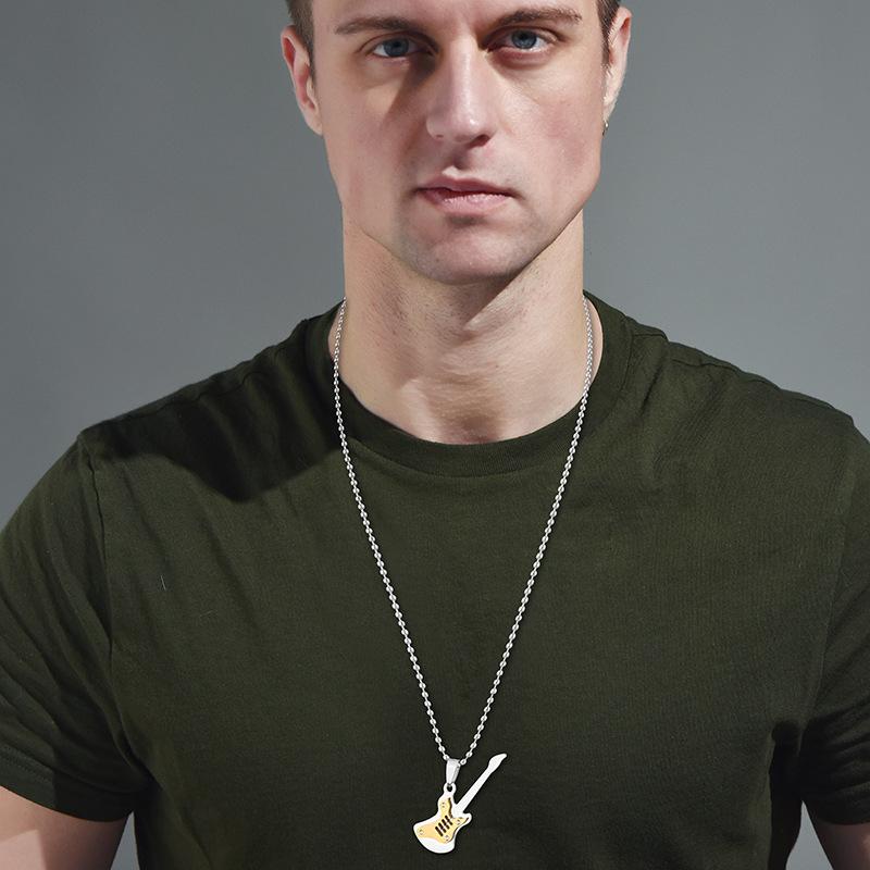 Japanese And Korean Fashion Electric Guitar Hip-Hop Men'S Titanium Steel Pendant Street Personality Rock Men'S And Women'S Punk Necklace