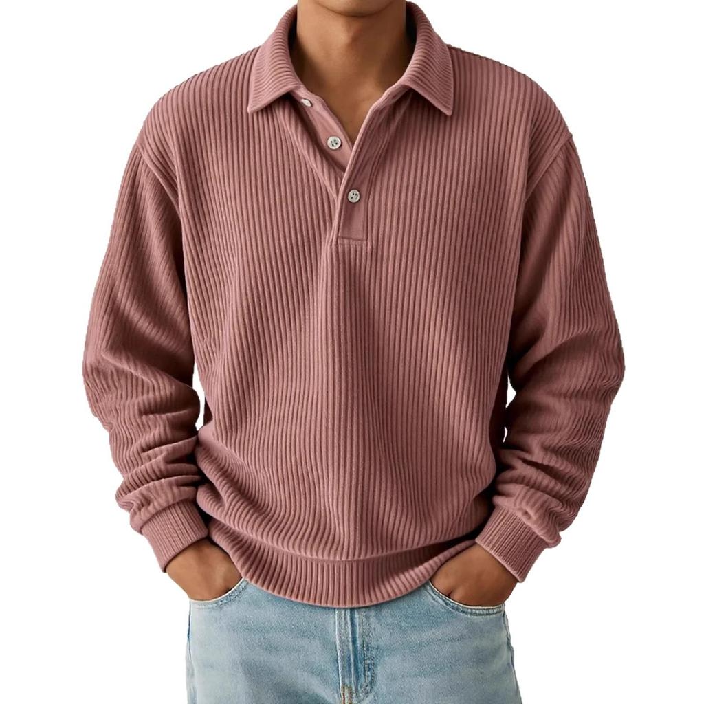 Automne Hiver Hommes Rétro Polos Décontracté Velours Côtelé Uni Rayé Manches Longues Polo Homme Hauts Affaires