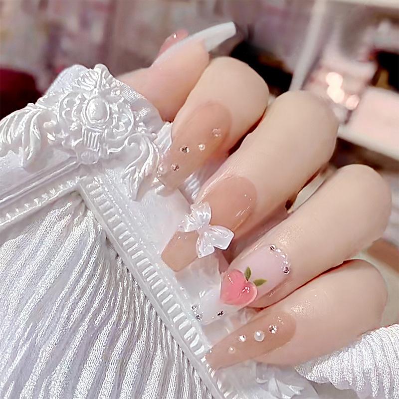 24Pcs Pink Silver Glitter Diamond Fake Nails Long Ballerina Press On Nails Reusable False Nail Tips Set