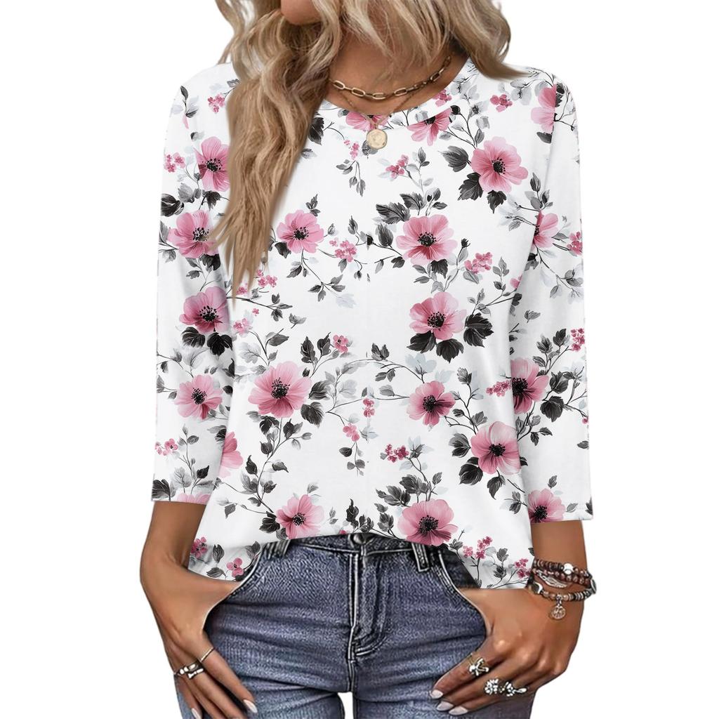 343/4 Sleeve Shirts For Women Cute Print Graphic Tees Blouses Casual Plus Size Basic Tops Pullover