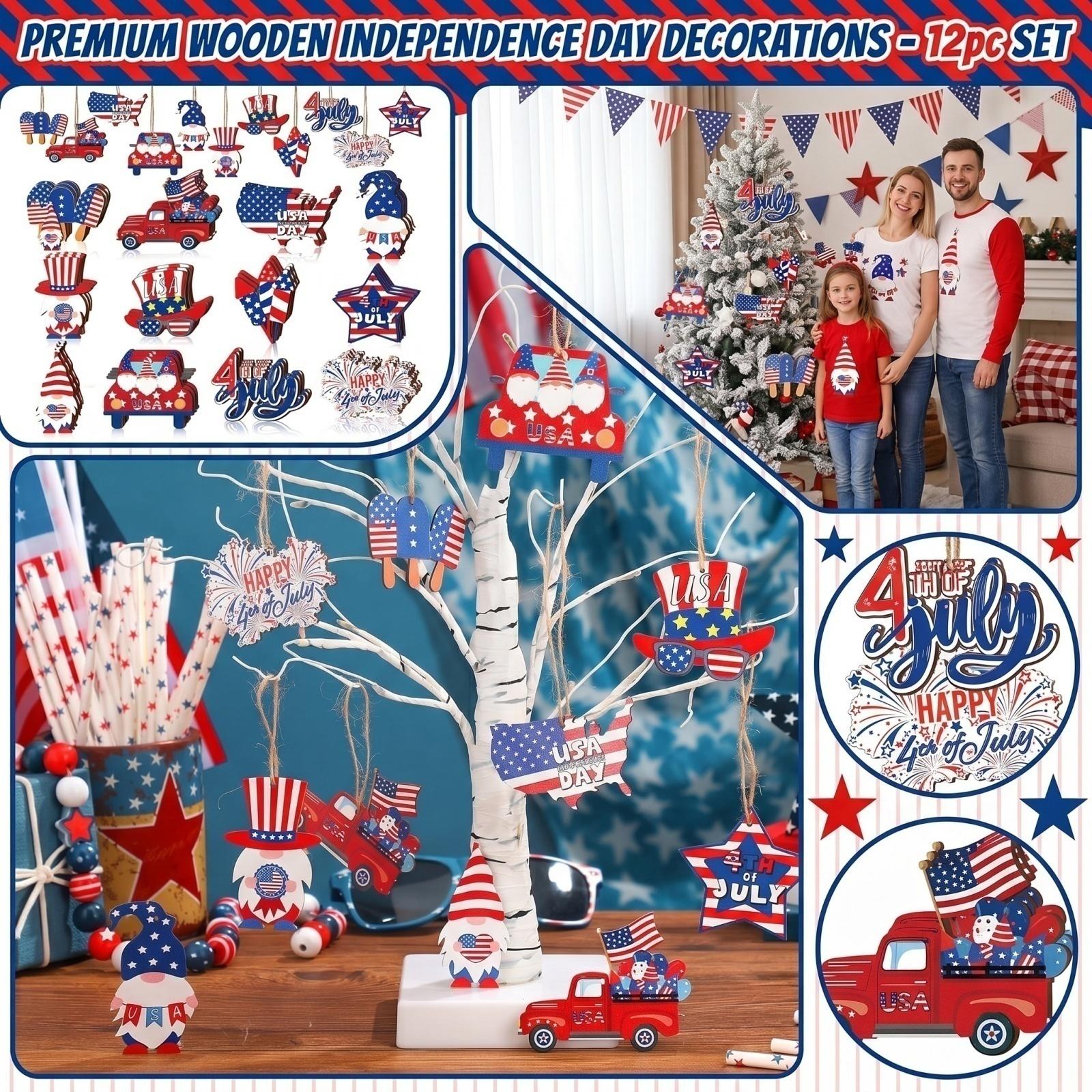 

12pc Wooden Decorative Set 2D Independence Day Party Supplies Home Decorations USA Themed Wooden Ornaments for Celebration and Display One Size