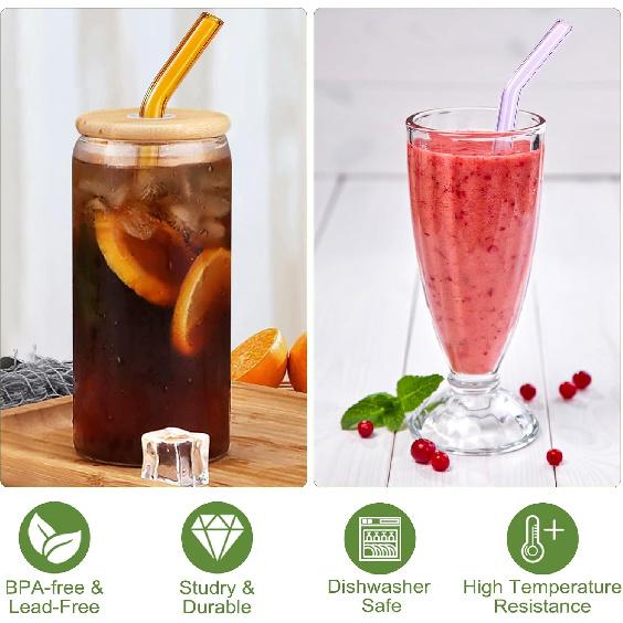 [10 Pcs] Reble Glass Straws Shatter Resistant - 9" x 10 mm Bent Multicolor Drinking Reble Straws With 2 Cleaning Brushes for Coffee,Milkshakes,Juice