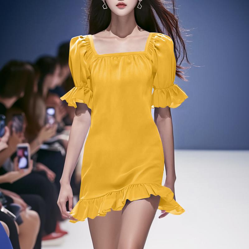 

VONDA Женские летние платья с квадратным вырезом и короткими рукавами, оборками и подолом 4XL жёлтый