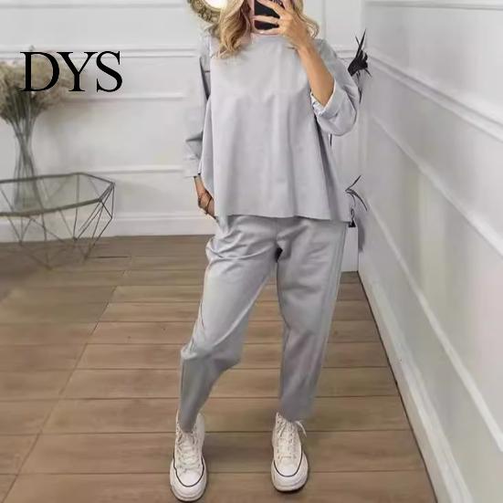 Ninth Pants Set 2 Pcs/Set Women Sweatshirt Round Neck Long Sleeves Top Elastic Spring Sport Outfit Waist Wide Leg Sweatpants Autumn Casual Commuting