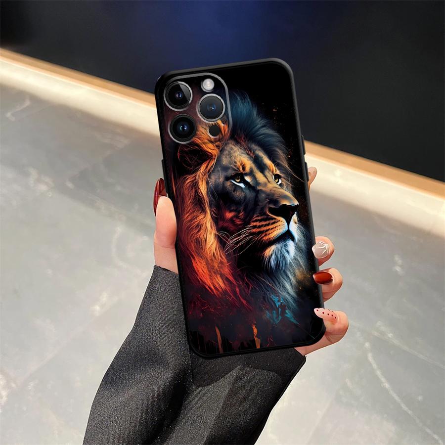 Animal Lion Pattern Case for iPhone 15 16 14 Plus XR 17Air 7 8 13 12 11 17 Pro Max XS Max Black Soft Phone Cover