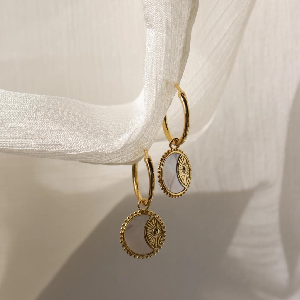 Retro Natürliche Muschel Sonne Mond Runder Kreis Anhänger Halskette für Frauen Edelstahl Gold Farbe Charms Creolen Ohrringe