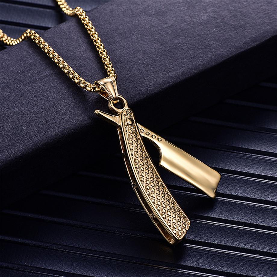 

Punk Razor Blade Pendants Necklaces Gold Color Stainless Steel Chain Barber Shop Necklace for Men Jewelry 60CM