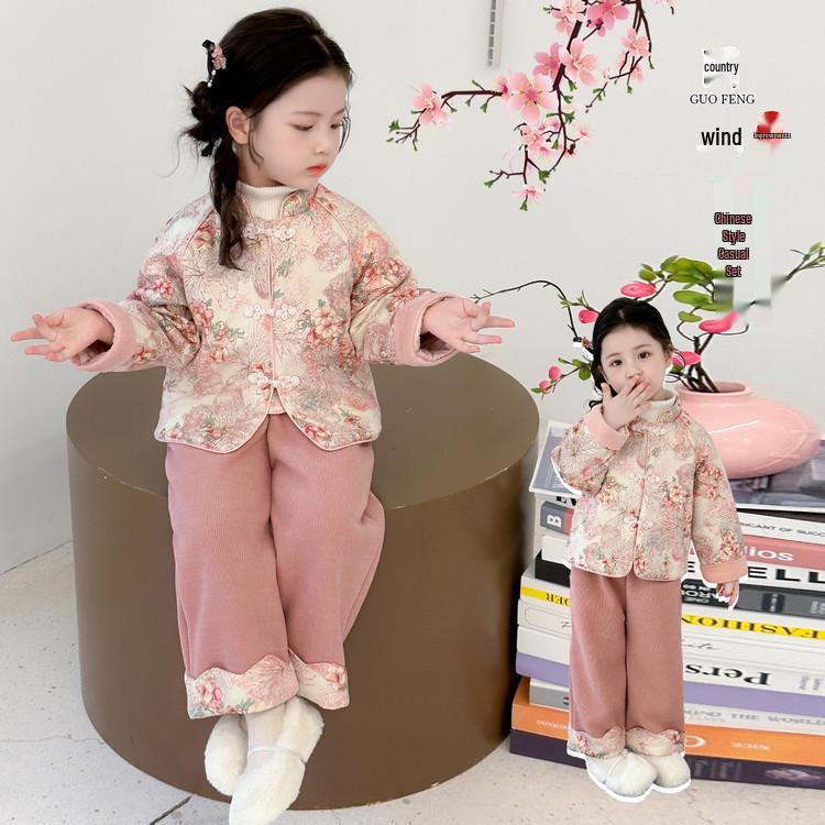 Winter Hanfu Tang Suit: Chinese Style Padded Two-Piece Set for Little Girls