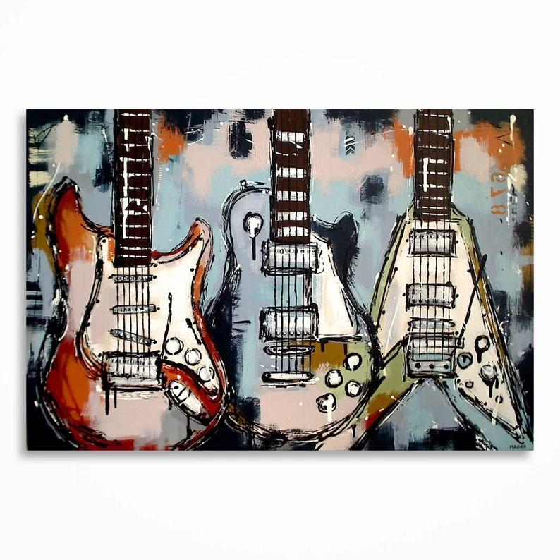 Graffiti Abstract Instrument Guitar Canvas Painting Fashion Music Electric/Wooden Guitar Wall Art Pictures Home Bar Shop Decor