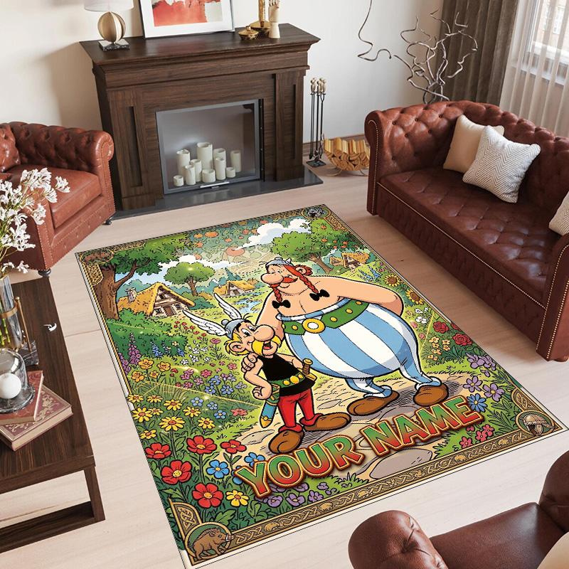 Personalized Crystal Velvet Carpet Custom Name Text,Asterix & Obelix Anti Slip Area Rug For Home Decoration