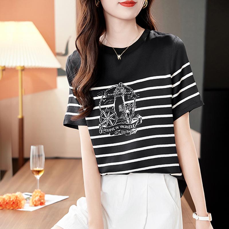 

Модная шелковая футболка с принтом, женская летняя новая футболка из шелка-тутового дерева с коротким рукавом в полоску 2XL