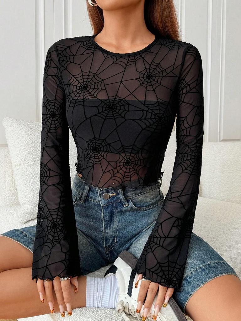 Autumn Winter Elegant Women's Black Mesh Spider Web T-Shirt Top Women's Clothing