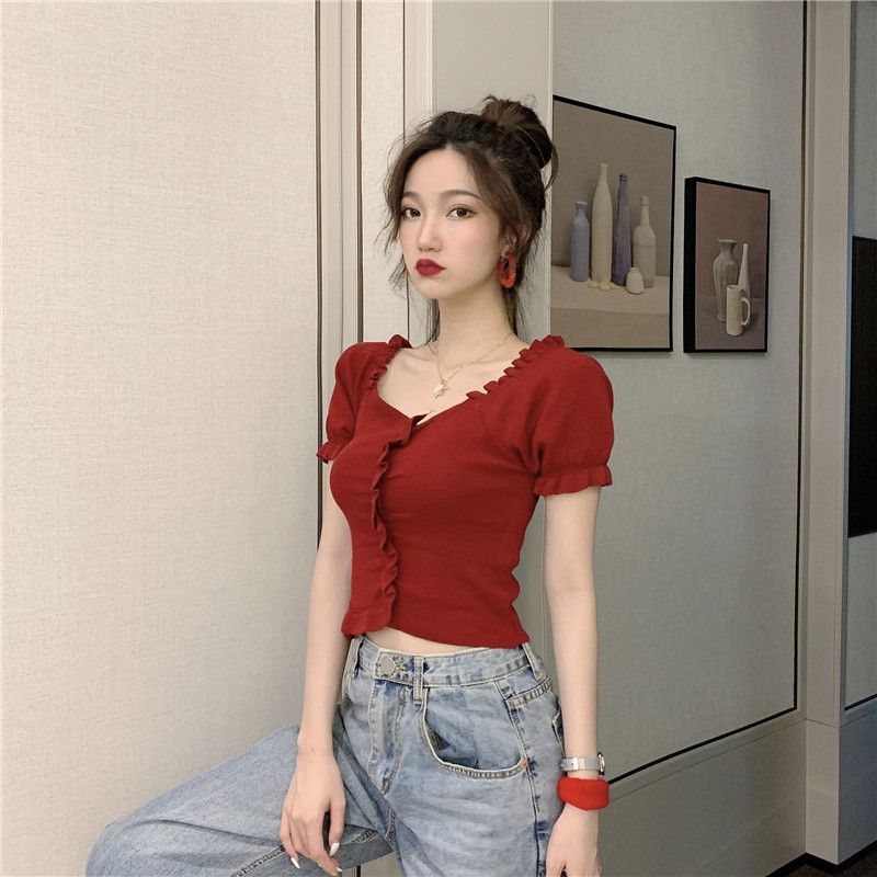 Summer Top Women's Korean Version Chic French V-neck Exposed Collarbone Short Sleeved T-shirt with Fungus Base Knitted Sweater