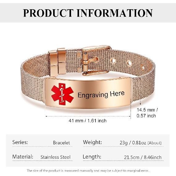 Nameinhea Custom Medical Alert Bracelets for Women Free Engraved Adjustable Stainless Steel Waterproof Emergency Medical ID Bracelets Allergy