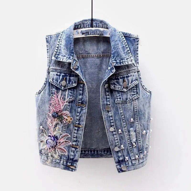 

Женская джинсовая майка с жемчужным клапаном, осенний джинсовый жилет без рукавов, свободный короткий жилет S синий