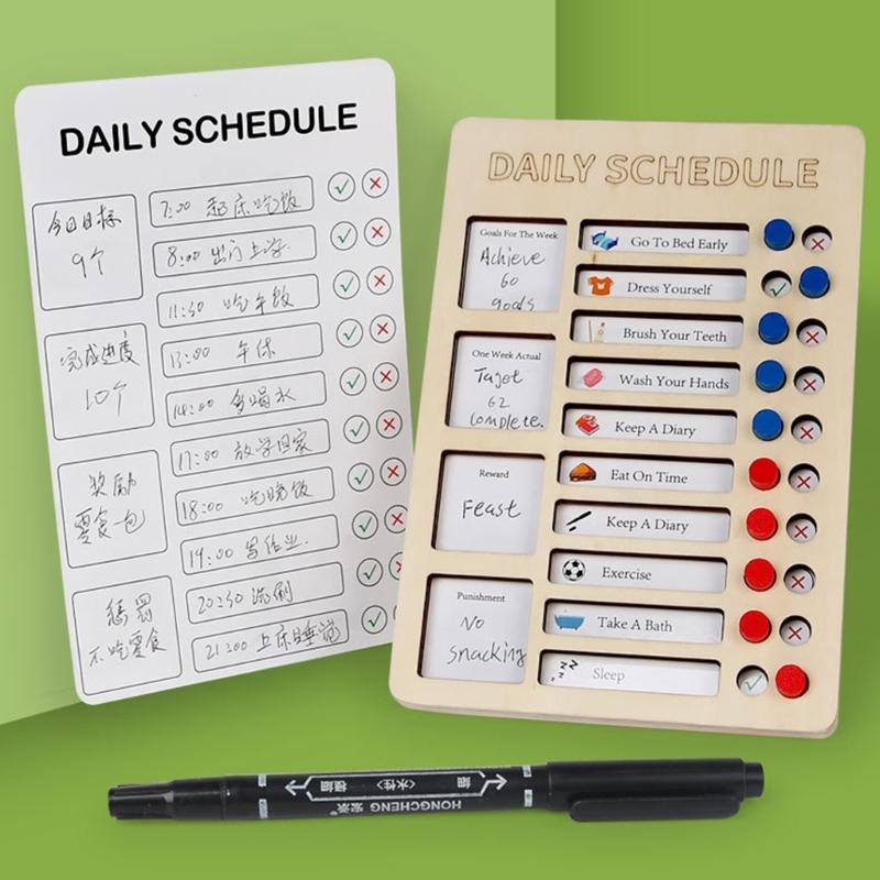 Portable Chores Chart for Kids with Double Sided Chore Cards and Marker Wood Chores Chart Children Daily Checklist Board