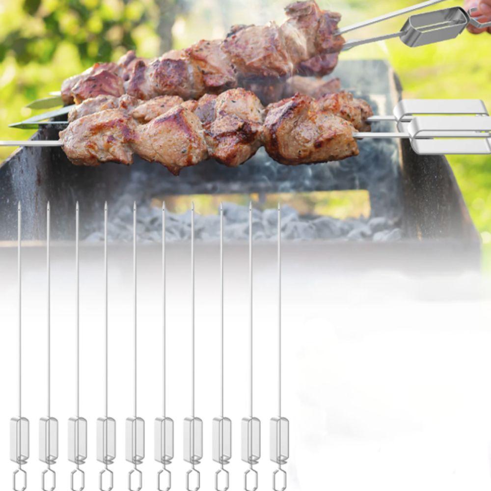 6Pcs Stainless Steel Barbecue Skewer Semi-automatic BBQ Stick Barbecue Needle  Picnic