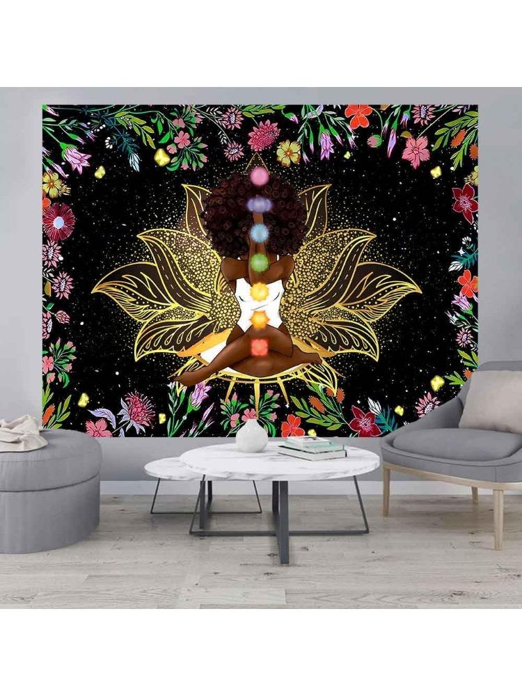 African Tapestry African American Woman Zen Meditation Tapestries Starry Sky Flower Garden Inspirational Afro Yoga Wall Poster