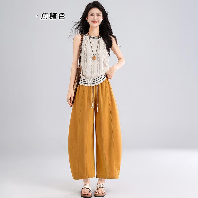 Women's High Waist Balloon Pants Curved Wide Leg Pants Thin Drawstring Casual Korean Style Nine Trousers