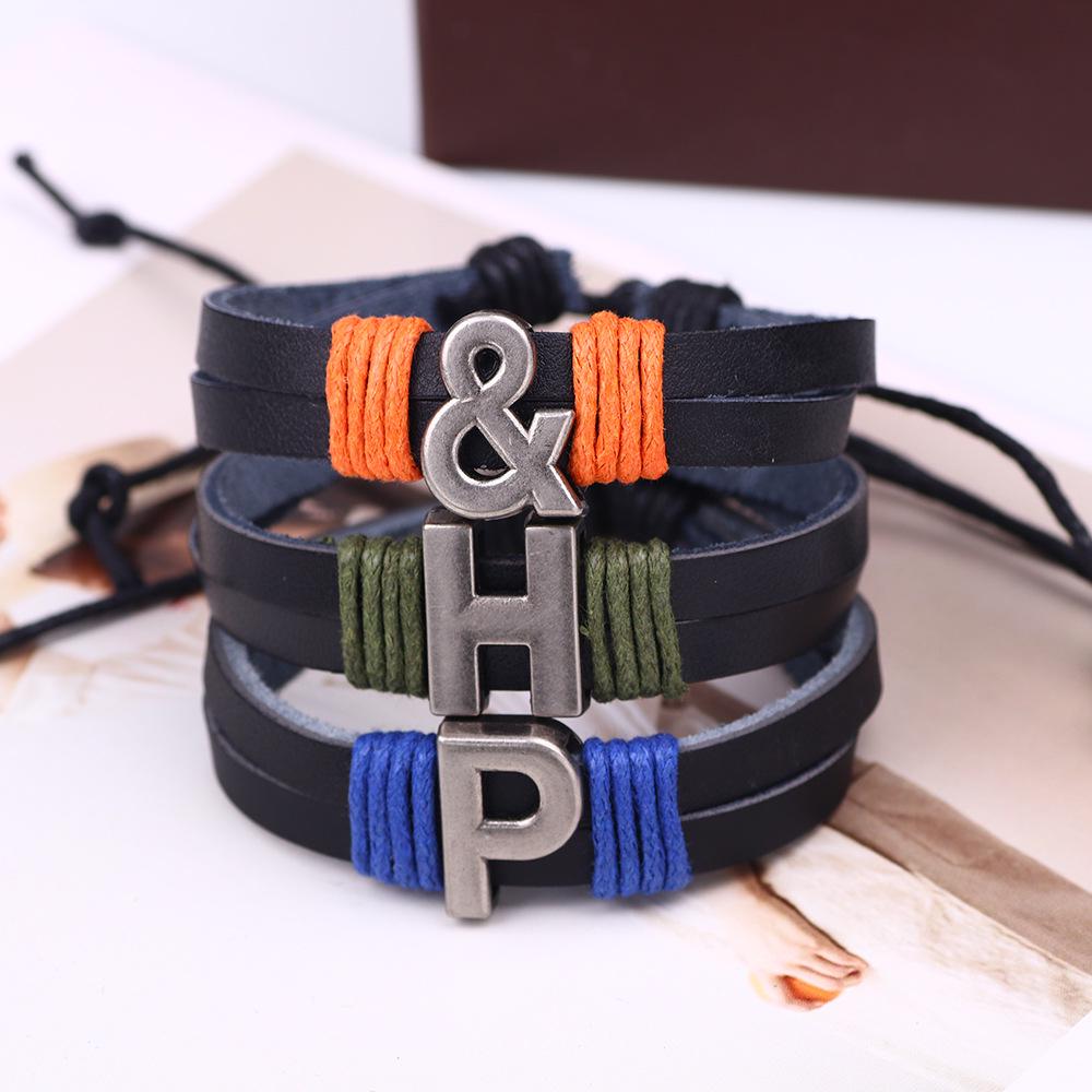 Handmade Woven Leather Bracelet with English Letter Charms