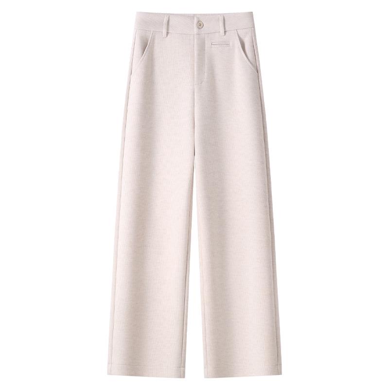 Women's 2024 Khaki Wool-Blend High Waist Straight Leg Cropped Pants for Autumn/Winter