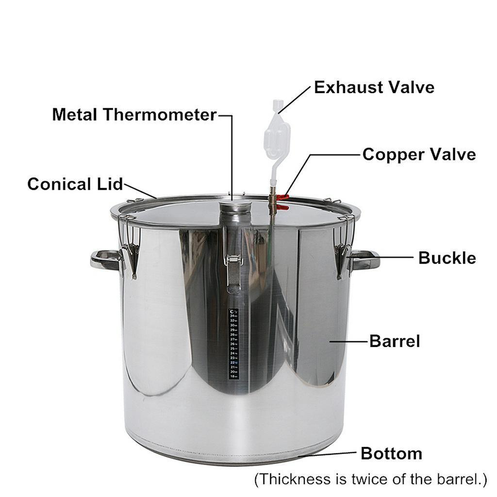 Edelstahl Gärfass Hausgebraut Bier Wein Gärung mit Thermometer Topfdeckel Entlüftungsventil