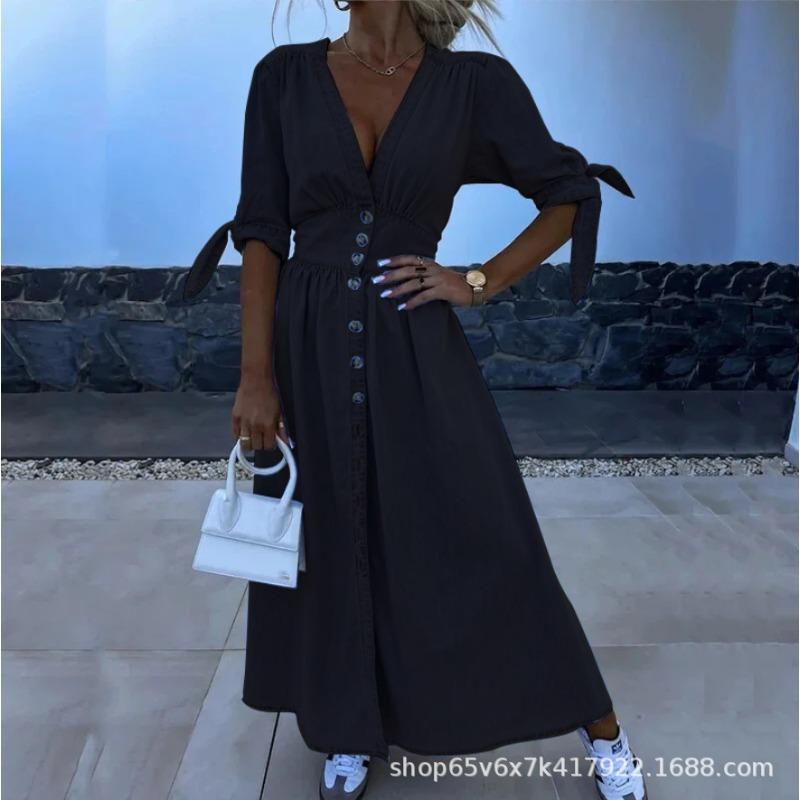 Amazon crew neck fashion casual women s clothing new solid color comfortable temperament commuter dress S чёрный