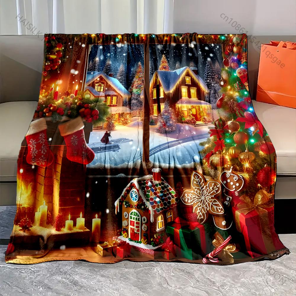 

Christmas Decor By The Fireplace Window Pattern Blanket Flannel Material Soft Warm for All Seasons,For Home Camping Picnics RV 75x90cm