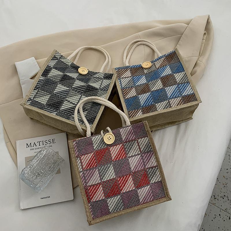 Karierte Canvas Hand-Trage-Jute-Tasche Modische Hand-Trage-Lunchbox Lunchtasche Ins Student Kleine Umhängetasche Damen