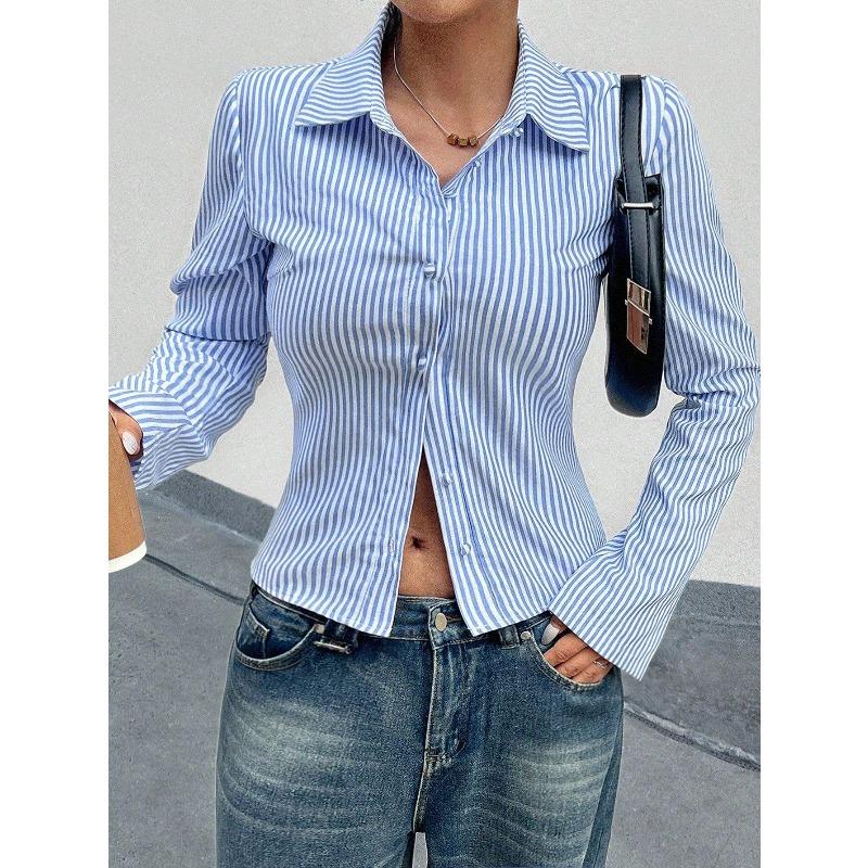 Women's Blue White Striped Button Down Shirt Long Sleeve Bell Sleeve Crop Top Casual Blouse