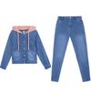 Fashion Hooded Denim 2 Piece Sets Women Outfit Spring Autumn Casual Long Sleeve Jean Jacket + Elastic Waist Jeans Fashion Suit