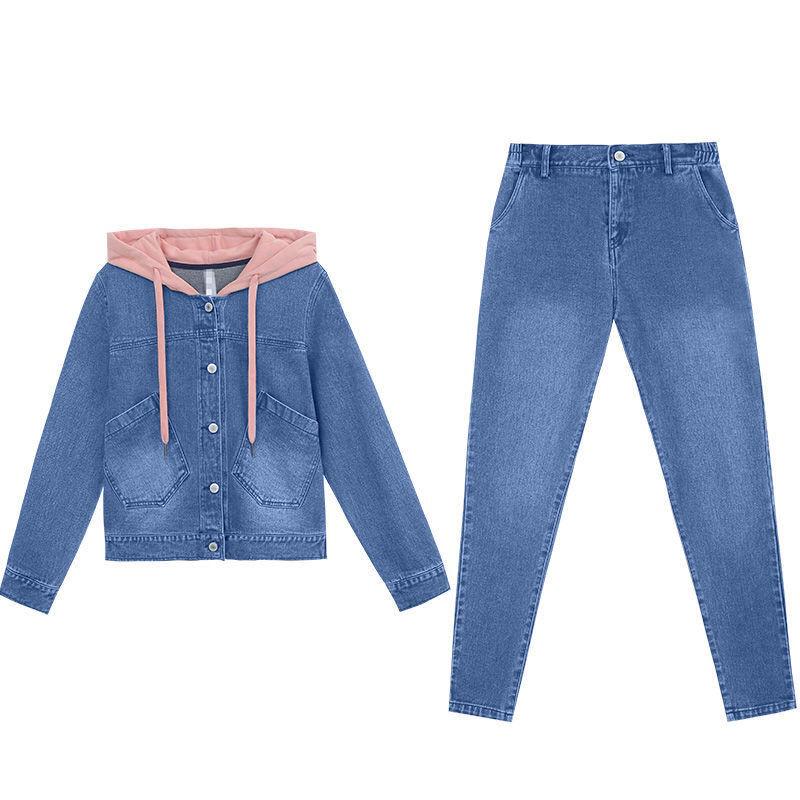 Modischer 2-teiliger Denim-Anzug mit Kapuze für Damen, Frühling und Herbst, lässig, langärmelig, Jeansjacke + Jeans mit elastischer Taille, modischer Anzug