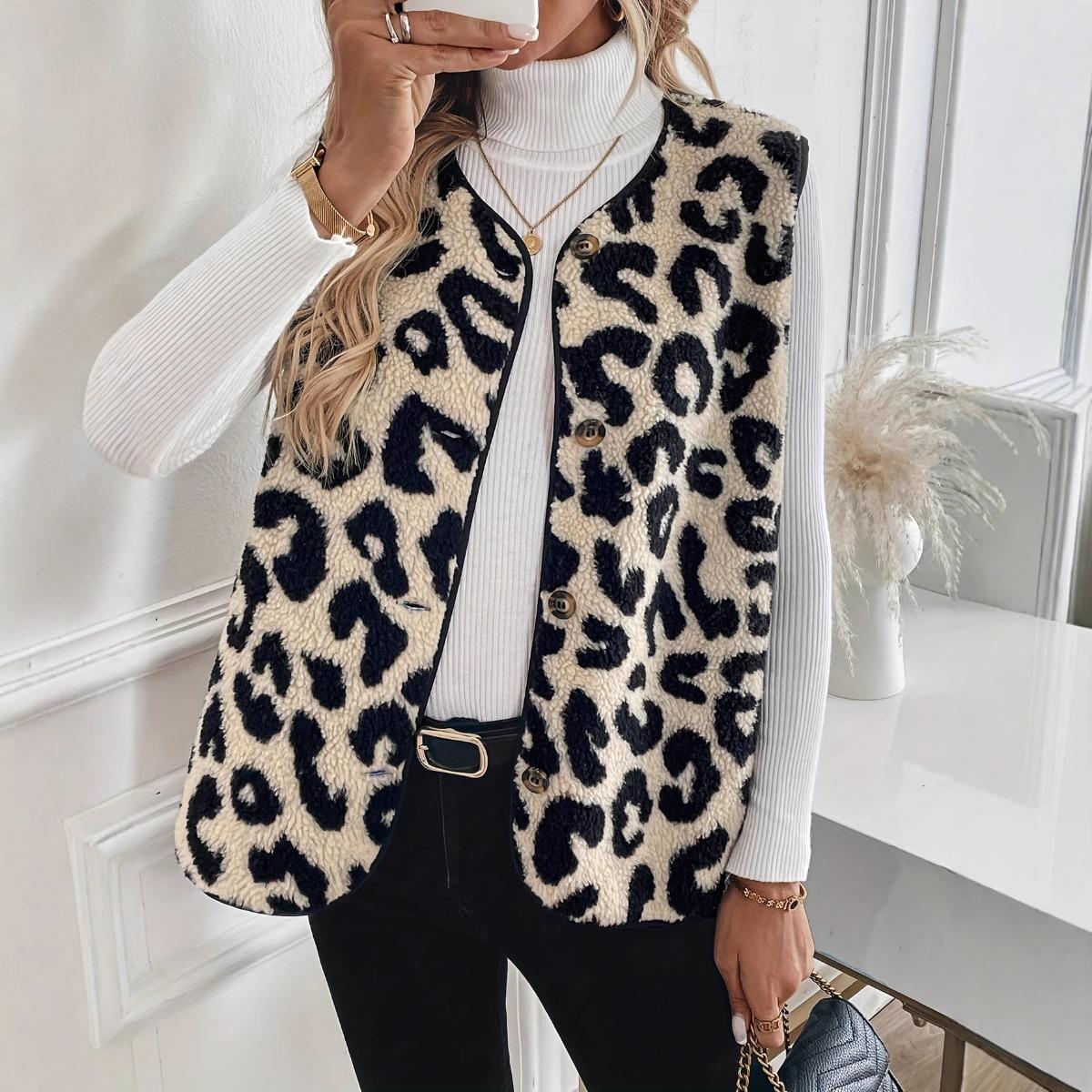 Fall Winter Women Leopard Print Fleece Vest, Fashion Button Sleeveless Waistcoat Coat for Women, Outerwear S