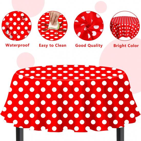 3 Pack Red and White Polka Dots Tablecloth Red Round Table Cover with White Polka Dot Round Plastic Table Cloth 84 in Round for Kitchen Dining