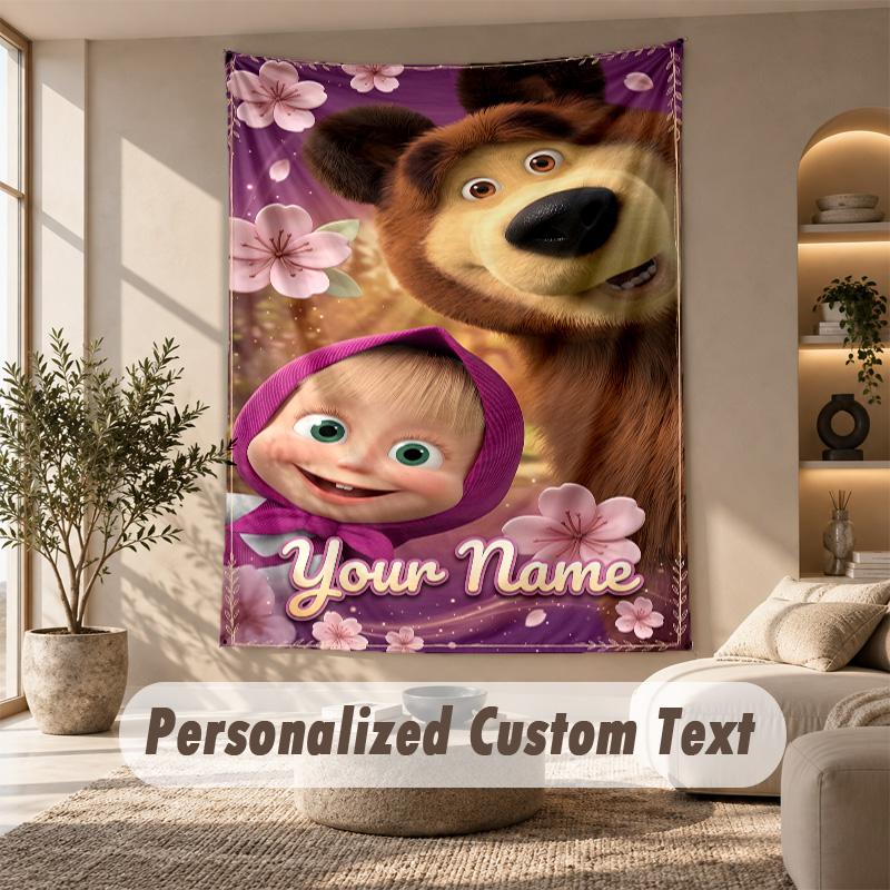 Masha and the Bear Tapestry, Personalized Custom Text, Wall Hanging Tapestry For Living Room Home Wall Decor