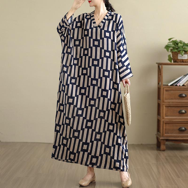 DIMANAF 2025 Women Plus Size Spring Long Dress Loose V-Neck Printing Vintage Casual Floral Oversize Long Sleeve 5031