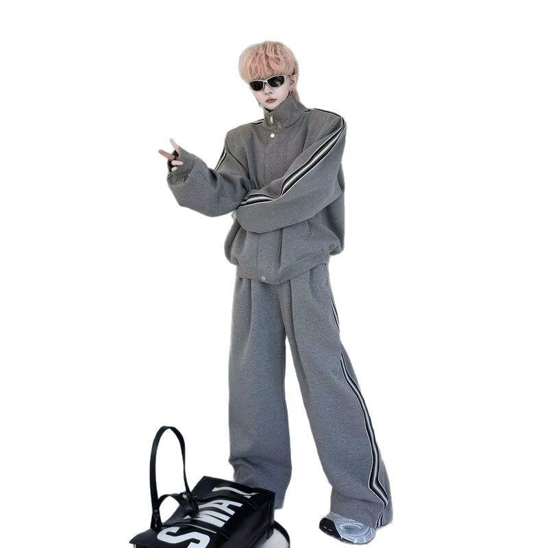 Spring retro stand-up neck cardigan sweater set men's niche webbing decorative design casual trousers sports two-piece set