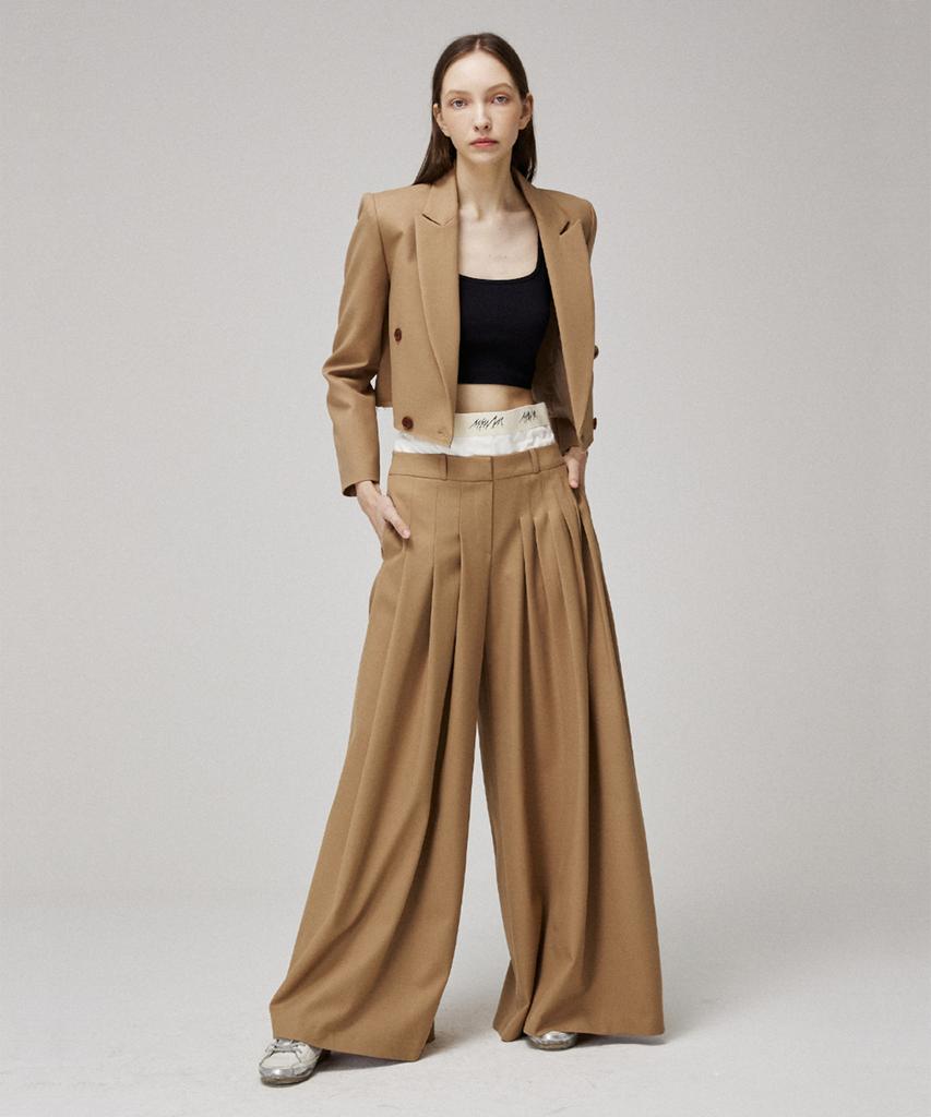 Meuameu Signature Unbalance Pin Tuck Logo Band Flare Slacks