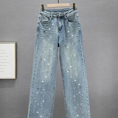 Spring Summer Women's Pendant Design High Waist Wash Jeans  Loose Slimming and All-Matching Straight-Leg Pants