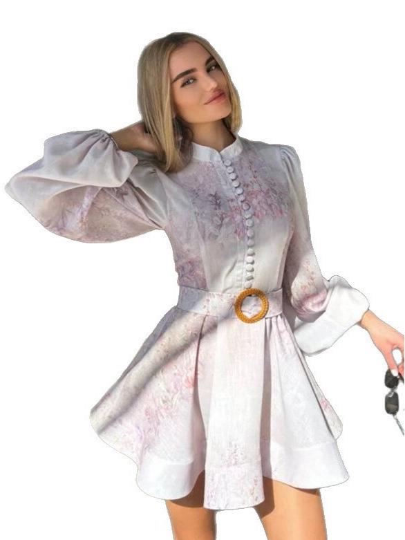 Women's Sweet Style Long Sleeve Print Button-Down Mini Dress, 2025 Summer Collection