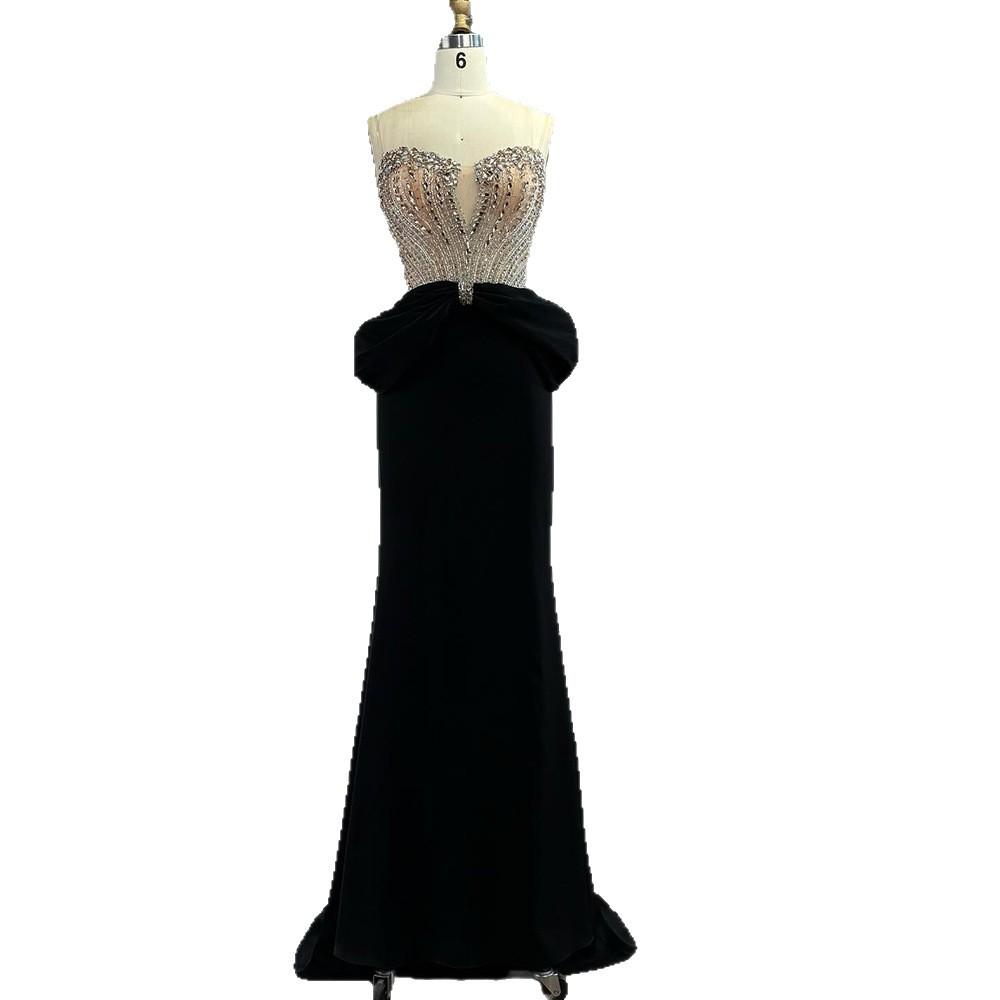 Black bow fishtail evening dress crystal beads high-end thin wedding performance dress LA11010