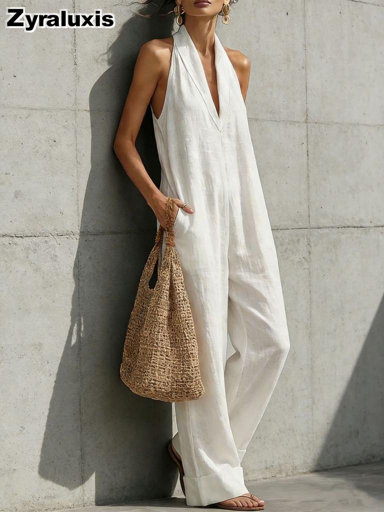 Mono Casual Elegante sin Mangas de Algodón y Lino de Verano para Mujer