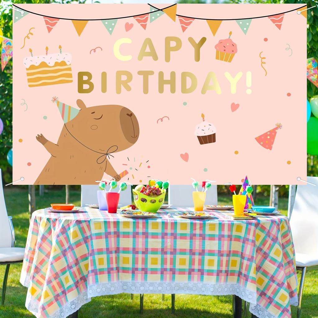 Uno sfondo carino per il compleanno con una capibara dei cartoni animati e gelato con scritto "Buon Compleanno!" Invia un testo per festeggiare un compleanno adatto alle ragazze