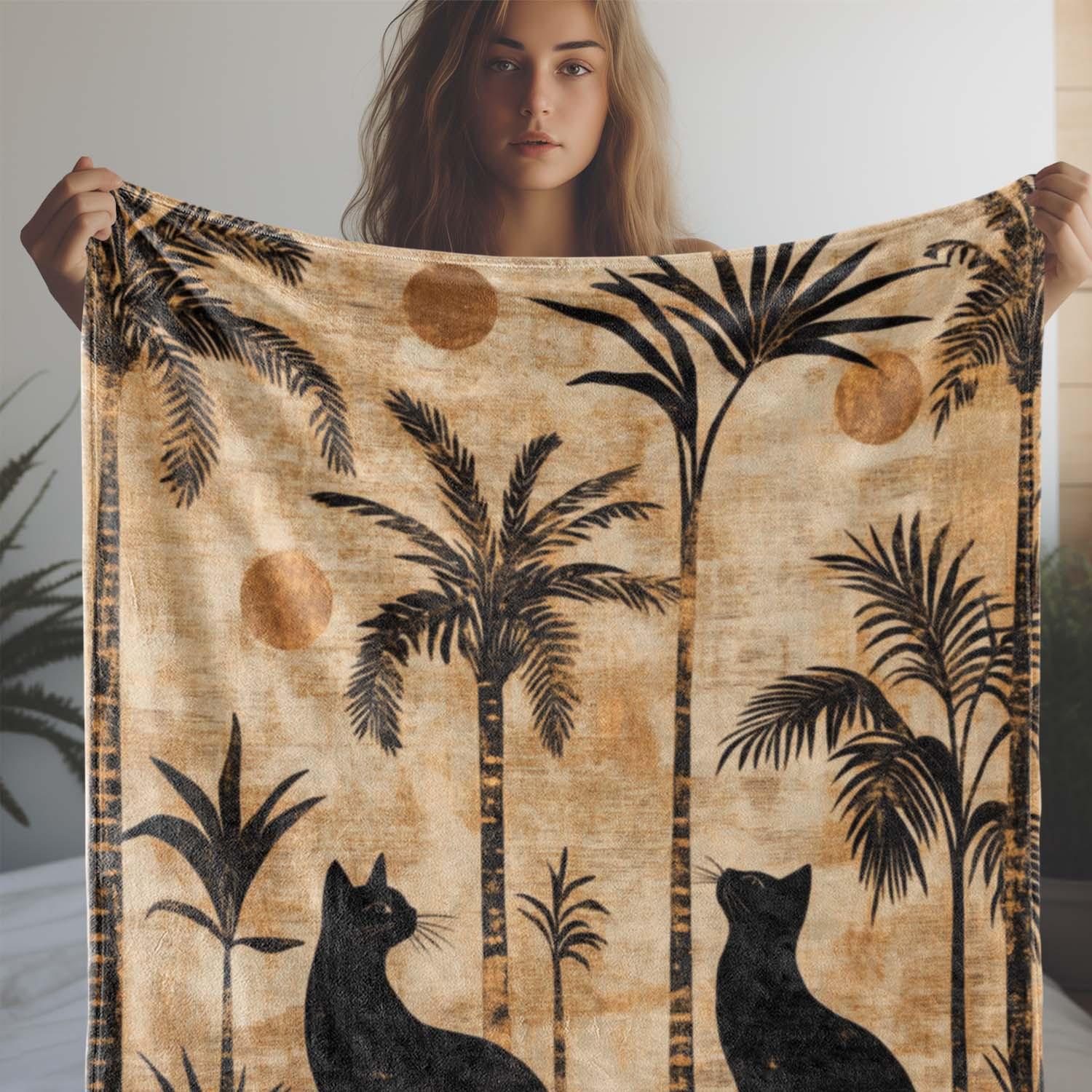 

Cozy Vintage Black Cat & Green Tree Print Flannel Blanket - Soft, Warm Throw for Couch, Bed, Car, Office, Camping | All-Season 75x90cm